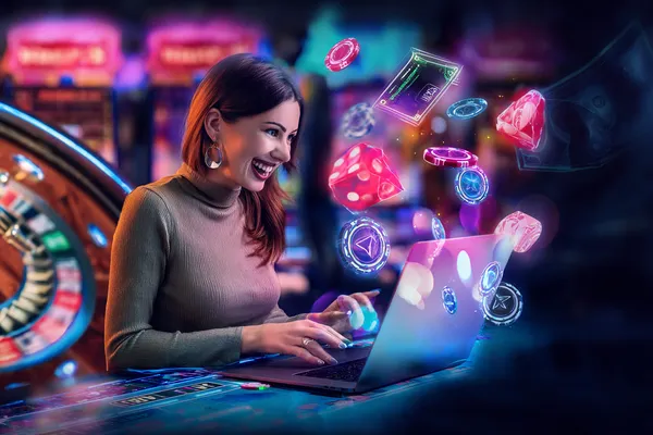 A woman smiling while playing online games on her laptop, surrounded by neon casino elements, showcasing SINAGPH’s diverse game collection.